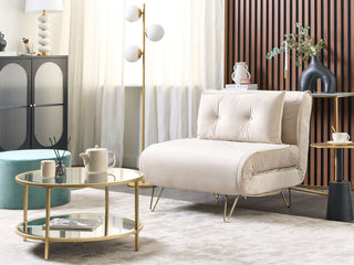 Small Sofa Bed Beige Velvet 1 Seater Fold-Out Sleeper Armless With Cushion Metal Gold Legs Glamour Beliani