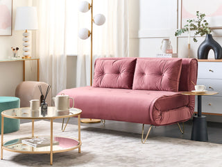Sofa Bed Pink Velvet 2 Seater Fold-Out Sleeper Armless With 2 Cushions Metal Gold Legs Glamour Beliani