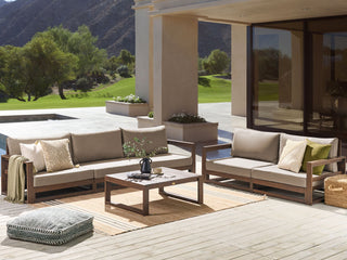 Garden Sofa Set Dark Wood  and Taupe Acacia Wood Outdoor 5 Seater 2 Sofas with Coffee Table Cushions Modern Design Beliani