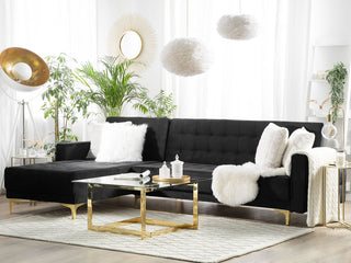 Corner Sofa Bed Black Velvet Tufted Fabric Modern L-Shaped Modular 4 Seater Left Hand Chaise Longue Beliani - Sofa In Store