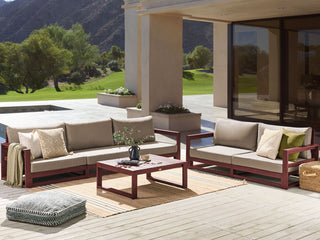 Garden Sofa Set Mahogany Brown and Taupe Acacia Wood Outdoor 5 Seater 2 Sofas with Coffee Table Cushions Modern Design Beliani