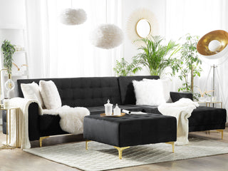 Corner Sofa Bed Black Velvet Tufted Fabric Modern L-Shaped Modular 4 Seater with Ottoman Left Hand Chaise Longue Beliani - Sofa In Store