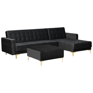 Corner Sofa Bed Black Velvet Tufted Fabric Modern L-Shaped Modular 4 Seater with Ottoman Left Hand Chaise Longue Beliani - Sofa In Store
