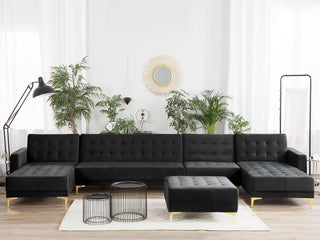 Corner Sofa Bed Black Velvet Tufted Fabric Modern U-Shaped Modular 6 Seater with Ottoman Chaise Lounges Beliani - Sofa In Store