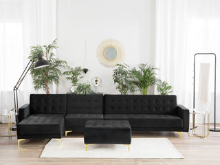 Corner Sofa Bed Black Velvet Tufted Fabric Modern L-Shaped Modular 5 Seater with Ottoman Right Hand Chaise Longue Beliani - Sofa In Store