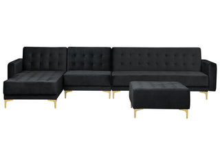 Corner Sofa Bed Black Velvet Tufted Fabric Modern L-Shaped Modular 5 Seater with Ottoman Right Hand Chaise Longue Beliani - Sofa In Store