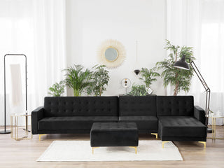 Corner Sofa Bed Black Velvet Tufted Fabric Modern L-Shaped Modular 5 Seater with Ottoman Left Hand Chaise Longue Beliani - Sofa In Store