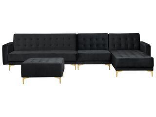Corner Sofa Bed Black Velvet Tufted Fabric Modern L-Shaped Modular 5 Seater with Ottoman Left Hand Chaise Longue Beliani - Sofa In Store