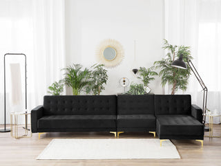 Corner Sofa Bed Black Velvet Tufted Fabric Modern L-Shaped Modular 5 Seater Left Hand Chaise Longue Beliani - 386661 - Sofa In Store