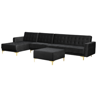 Corner Sofa Bed Black Velvet Tufted Fabric Modern L-Shaped Modular 5 Seater with Ottoman Right Hand Chaise Longue Beliani - Sofa In Store