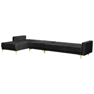 Corner Sofa Bed Black Velvet Tufted Fabric Modern L-Shaped Modular 5 Seater with Ottoman Right Hand Chaise Longue Beliani - Sofa In Store
