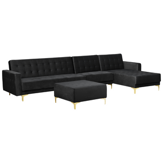 Corner Sofa Bed Black Velvet Tufted Fabric Modern L-Shaped Modular 5 Seater with Ottoman Left Hand Chaise Longue Beliani - Sofa In Store