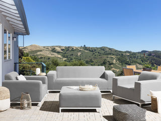 Garden Sofa Set Light Grey Fabric Upholstery White Aluminium Legs with Ottoman 5 Seater Weather Resistant Outdoor Beliani - Sofa In Store