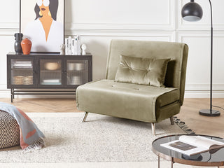 Sofa Bed Olive Green Velvet Fabric Upholstery Single Sleeper Fold Out Chair Bed with Cushion Modern Design Beliani