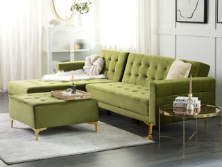 Corner Sofa Bed Green Velvet Tufted Fabric Modern L-Shaped Modular 4 Seater Right Hand Chaise Longue Beliani