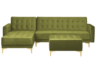 Corner Sofa Bed Teal Velvet Tufted Fabric Modern L-Shaped Modular 4 Seater with Ottoman Right Hand Chaise Longue Beliani - 421104