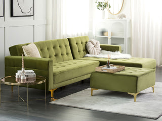 Corner Sofa Bed Green Velvet Tufted Fabric Modern L-Shaped Modular 4 Seater Left Hand Chaise Longue Beliani