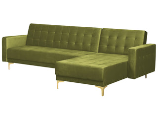 Corner Sofa Bed Green Velvet Tufted Fabric Modern L-Shaped Modular 4 Seater Left Hand Chaise Longue Beliani