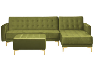 Corner Sofa Bed Green Velvet Tufted Fabric Modern L-Shaped Modular 4 Seater with Ottoman Left Hand Chaise Longue Beliani - Sofa In Store