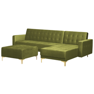 Corner Sofa Bed Green Velvet Tufted Fabric Modern L-Shaped Modular 4 Seater with Ottoman Left Hand Chaise Longue Beliani - Sofa In Store