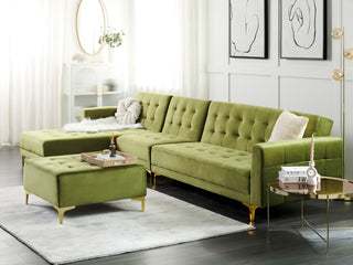 Corner Sofa Bed Green Velvet Tufted Fabric Modern L-Shaped Modular 5 Seater with Ottoman Right Hand Chaise Longue Beliani - Sofa In Store