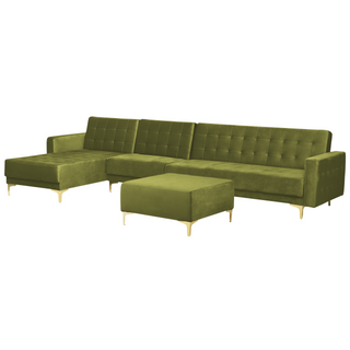 Corner Sofa Bed Green Velvet Tufted Fabric Modern L-Shaped Modular 5 Seater with Ottoman Right Hand Chaise Longue Beliani - Sofa In Store