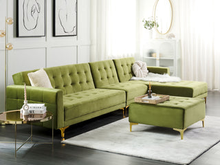 Corner Sofa Bed Green Velvet Tufted Fabric Modern L-Shaped Modular 5 Seater with Ottoman Left Hand Chaise Longue Beliani - Sofa In Store