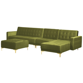Corner Sofa Bed Green Velvet Tufted Fabric Modern L-Shaped Modular 5 Seater with Ottoman Left Hand Chaise Longue Beliani - Sofa In Store