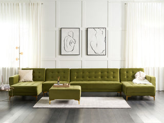 Corner Sofa Bed Green Velvet Tufted Fabric Modern U-Shaped Modular 6 Seater with Ottoman Chaise Lounges Beliani - Sofa In Store