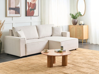 Left Hand Corner Sofa Bed Beige Fabric Polyester Upholstered 3 Seater L-Shaped Bed with Cushions Sleeping Function Modern Style Living Room Beliani - Sofa In Store