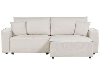 Left Hand Corner Sofa Bed Beige Fabric Polyester Upholstered 3 Seater L-Shaped Bed with Cushions Sleeping Function Modern Style Living Room Beliani - Sofa In Store