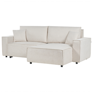 Left Hand Corner Sofa Bed Beige Fabric Polyester Upholstered 3 Seater L-Shaped Bed with Cushions Sleeping Function Modern Style Living Room Beliani - Sofa In Store