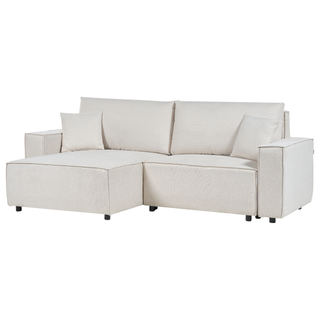 Right Hand Corner Sofa Bed Beige Fabric Polyester Upholstered 3 Seater L-Shaped Bed with Cushions Sleeping Function Modern Style Living Room Beliani - Sofa In Store