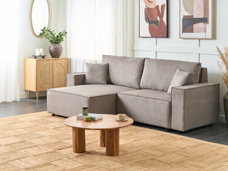 Right Hand Corner Sofa Bed Taupe Fabric Polyester Upholstered 3 Seater L-Shaped Bed with Cushions Sleeping Function Modern Style Living Room Beliani - Sofa In Store