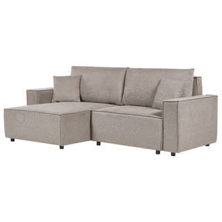 Right Hand Corner Sofa Bed Taupe Fabric Polyester Upholstered 3 Seater L-Shaped Bed with Cushions Sleeping Function Modern Style Living Room Beliani - Sofa In Store