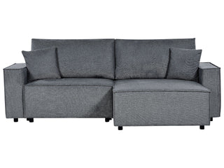 Left Hand Corner Sofa Bed Dark Grey Fabric Polyester Upholstered 3 Seater L-Shaped Bed with Cushions Sleeping Function Modern Style Living Room Beliani - Sofa In Store