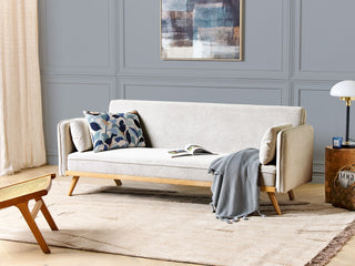 Sofa Bed Off-White Fabric Upholstered 3 Seater Click Clack Bed Wooden Frame Legs Armrests Living Room Traditional Beliani