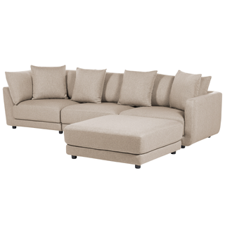 3-Seater Sofa Beige Polyester Fabric Upholstery Couch with Ottoman Footstool Extra Throw Cushions Beliani