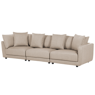 3-Seater Sofa Beige Polyester Fabric Upholstery Couch with Ottoman Footstool Extra Throw Cushions Beliani