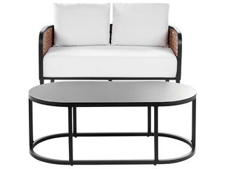 Garden Sofa Black Aluminium Frame Off-White Water Repellent Fabric Cushions 2 Seater Set with Coffee Table Beliani - Sofa In Store