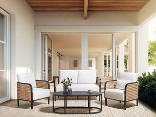 Garden Sofa Set Black Aluminium Frame Off-White Water Repellent Fabric Cushions 2 Seater Set with Coffee Table and Armchairs Beliani - Sofa In Store