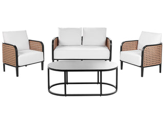 Garden Sofa Set Black Aluminium Frame Off-White Water Repellent Fabric Cushions 2 Seater Set with Coffee Table and Armchairs Beliani - Sofa In Store