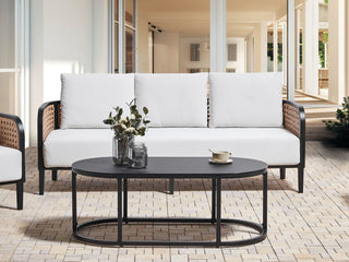 Garden Sofa Black Aluminium Frame Off-White Water Repellent Fabric Cushions 3 Seater Set with Coffee Table Beliani - Sofa In Store