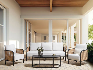 Garden Sofa Set Black Aluminium Frame Off-White Water Repellent Fabric Cushions 3 Seater Set with Coffee Table and Armchairs Beliani - Sofa In Store