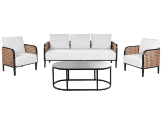 Garden Sofa Set Black Aluminium Frame Off-White Water Repellent Fabric Cushions 3 Seater Set with Coffee Table and Armchairs Beliani - Sofa In Store