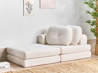 Sofa Pouffe Bed White Fabric Boucle Upholstery Single Sleeper Fold Out Chair Bed with Cushion Modern Design Beliani - Sofa In Store