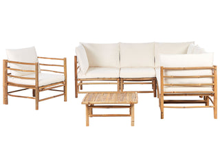 Garden Modular Corner Sofa Set Off-White Bamboo Cushions 5 Seater with Armchair and Coffee Table Boho Design Outdoor Conversation Set Beliani - 462427 - Sofa In Store