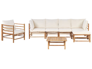 Garden Modular Corner Sofa Set Off-White Bamboo Cushions 5 Seater with Armchair and Coffee Table Boho Design Outdoor Conversation Set Beliani - 462480 - Sofa In Store