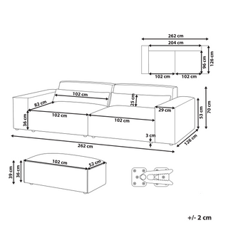 Line drawing of the Beliani SOFAINSTORE Grey Fabric 4 Seater Sofa—oversized modern design with deep cushions, wide armrests, and storage ottoman. Dimensions (cm): sofa 262x126x70, seat depth 82, arm height 56, ottoman 102x52x39. Top view layout shown.