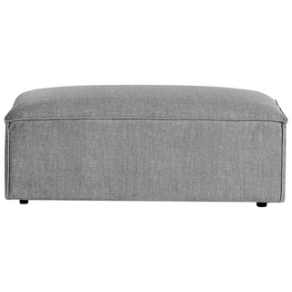 A rectangular light gray upholstered ottoman with short black legs pairs perfectly with the Beliani SOFAINSTORE Grey Fabric 4 Seater Sofa—an oversized modern design with deep cushions and wide armrests—shown front view on a white background.